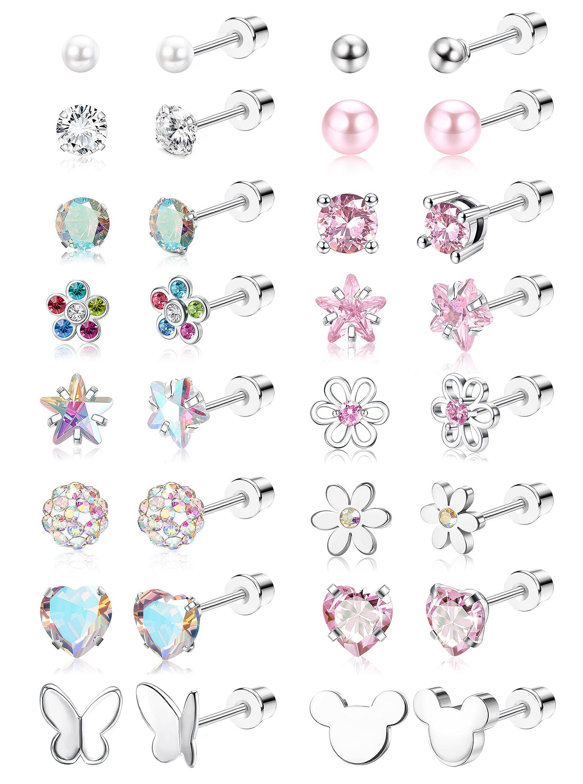 CASSIECA 16Pairs Hypoallergenic Flat Back Earrings for Girls Stud Earrings | Screwback Stud Earrings,FlatBack For Girls Kids Toddler Women,Surgical Steel,Cute Pearl Heart Flower Studs,Jewelry Gift