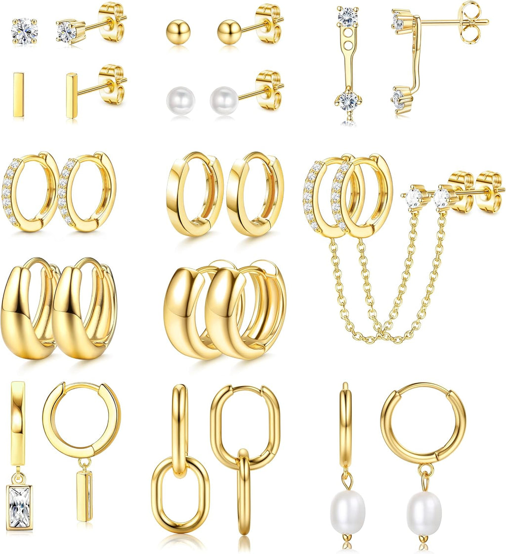 BESTEEL 13 Pairs Small Stud Hoop Earrings Set for Women, Gold Earrings Pack | Hypoallergenic Surgical Steel, 14K Gold Plated, Dainty Huggie Hoops Pearl Dangle Earrings, Lightweight Non Tarnish Jewelry