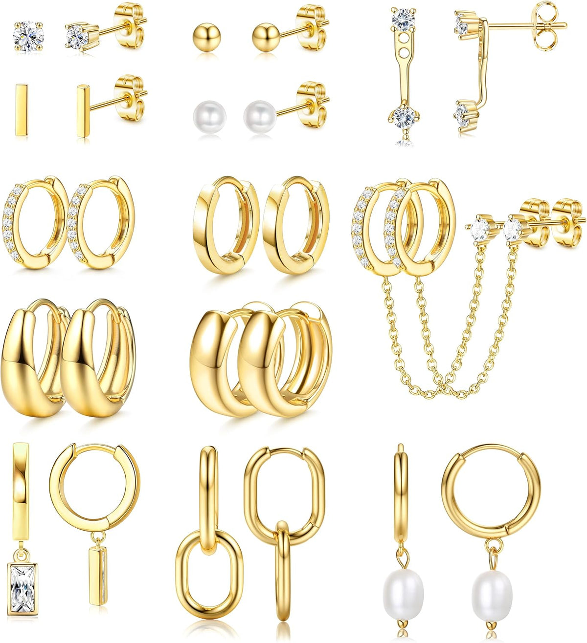 BESTEEL 13 Pairs Small Stud Hoop Earrings Set for Women, Gold Earrings Pack | Hypoallergenic Surgical Steel, 14K Gold Plated, Dainty Huggie Hoops Pearl Dangle Earrings, Lightweight Non Tarnish Jewelry