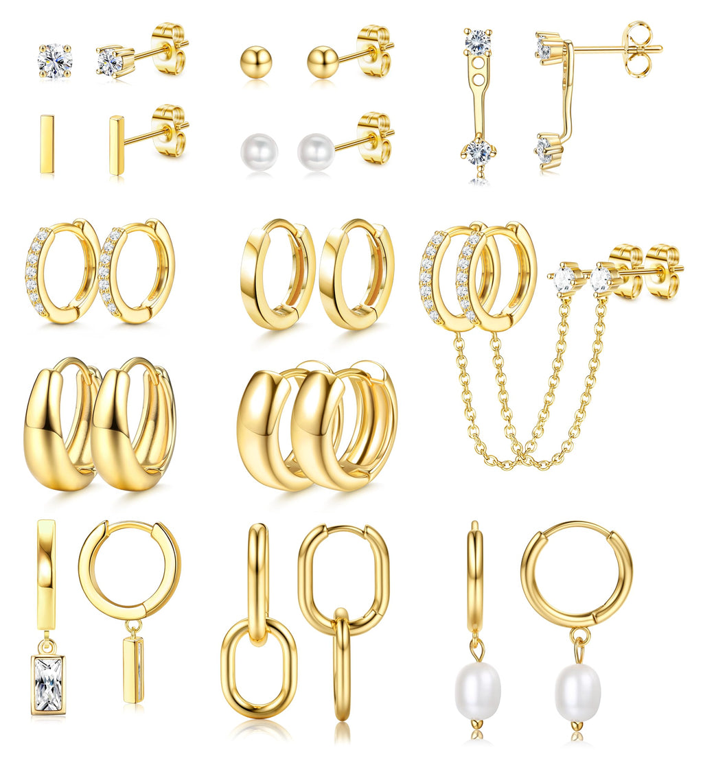 BESTEEL 13 Pairs Small Stud Hoop Earrings Set for Women, Gold Earrings Pack | Hypoallergenic Surgical Steel, 14K Gold Plated, Dainty Huggie Hoops Pearl Dangle Earrings, Lightweight Non Tarnish Jewelry