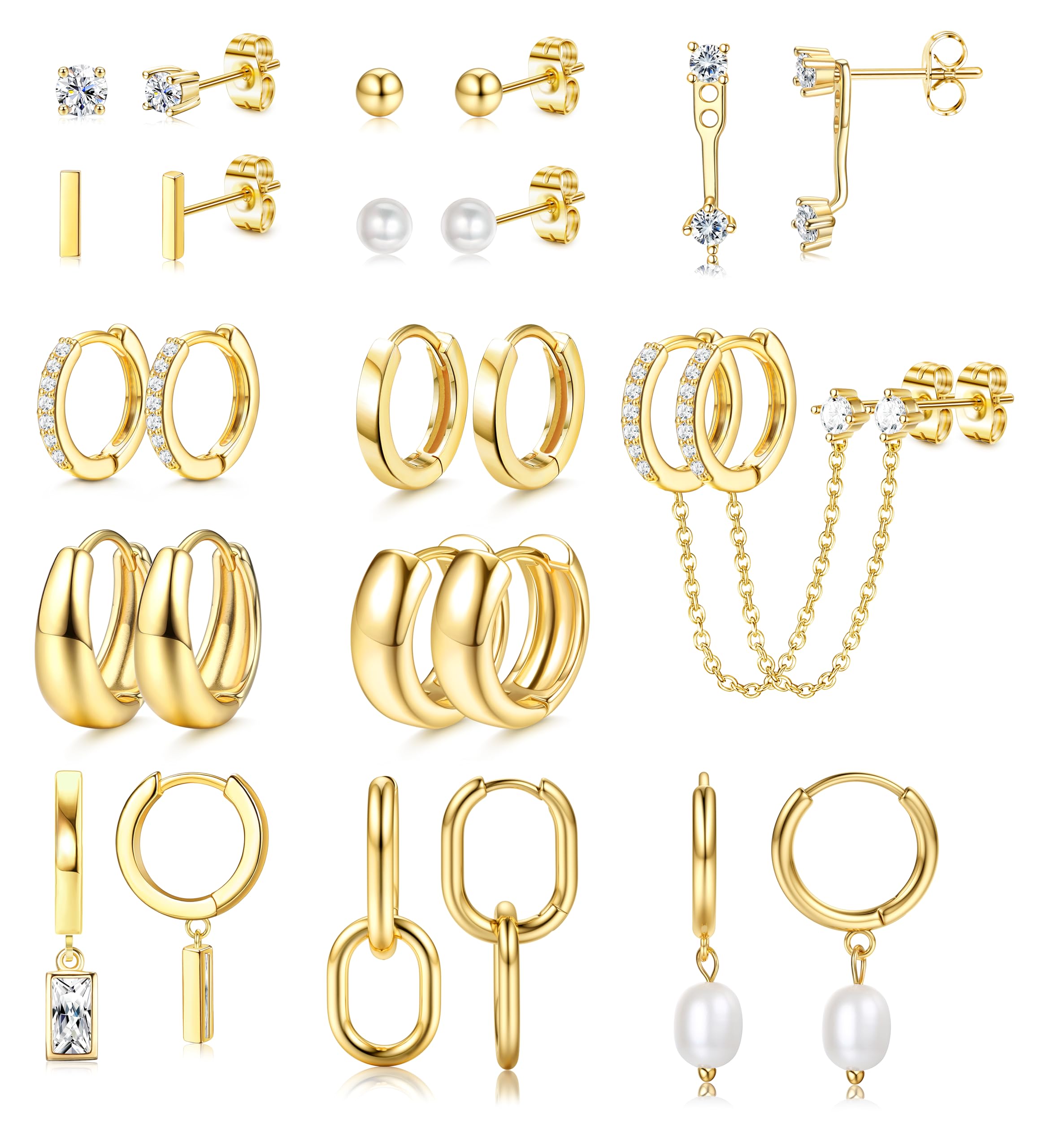 BESTEEL 13 Pairs Small Stud Hoop Earrings Set for Women, Gold Earrings Pack | Hypoallergenic Surgical Steel, 14K Gold Plated, Dainty Huggie Hoops Pearl Dangle Earrings, Lightweight Non Tarnish Jewelry
