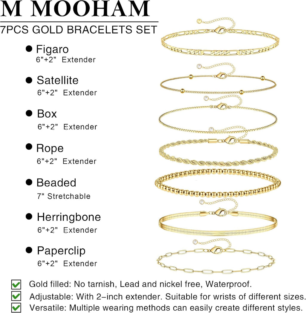 M MOOHAM 7PCS Gold Bracelets for Women, 14K Gold Plated Beaded Bracelet Set | Rope Paperclip Chain Stackable Bracelet, Non Tarnish Bracelet Stack, Friendship Birthday Jewelry, Gifts for Women Teen Girls