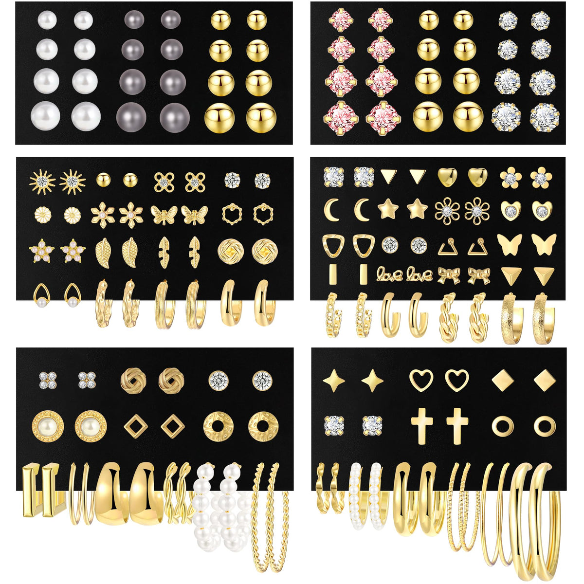 84 Pairs Gold Stud Earrings Set for Women Multipack, Fashion Pearl Cubic Zirconia Butterfly Earrings Packs Piercings, Hypoallergenic Stud Hoops Earrings for Gift