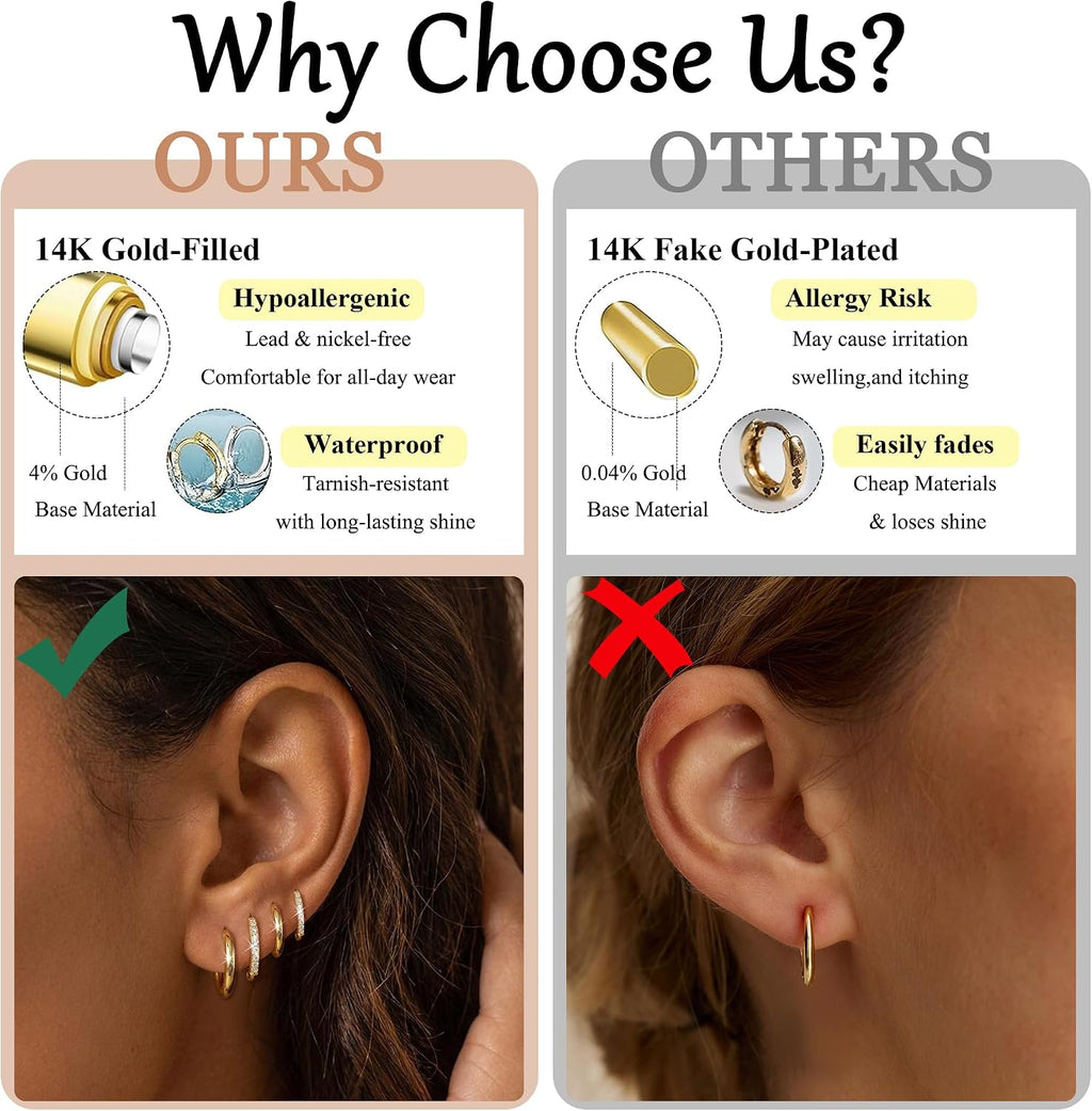 4 Pair Small Gold Hoop Earrings for Women Sensitive Ears - Hypoallergenic 14k Real Gold Plated Hoops Zirconia Cartilage Huggie Earrings Set Helix Piercing Earring Gold Jewelry for Women Gift