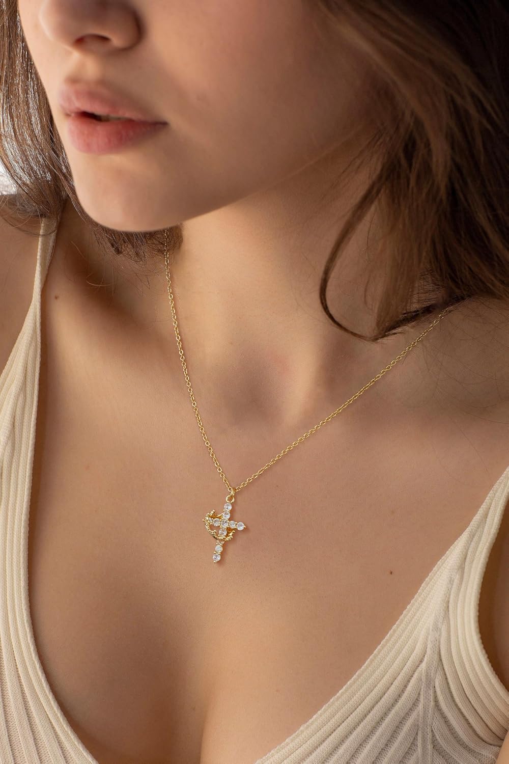 Tewiky Christian Gift Stocking Stuffers Cross Necklace for women-Dainty 14k Gold Plated/Silver Plated Pendant Necklaces Simple Cute Tiny Necklace Jewelry for Women