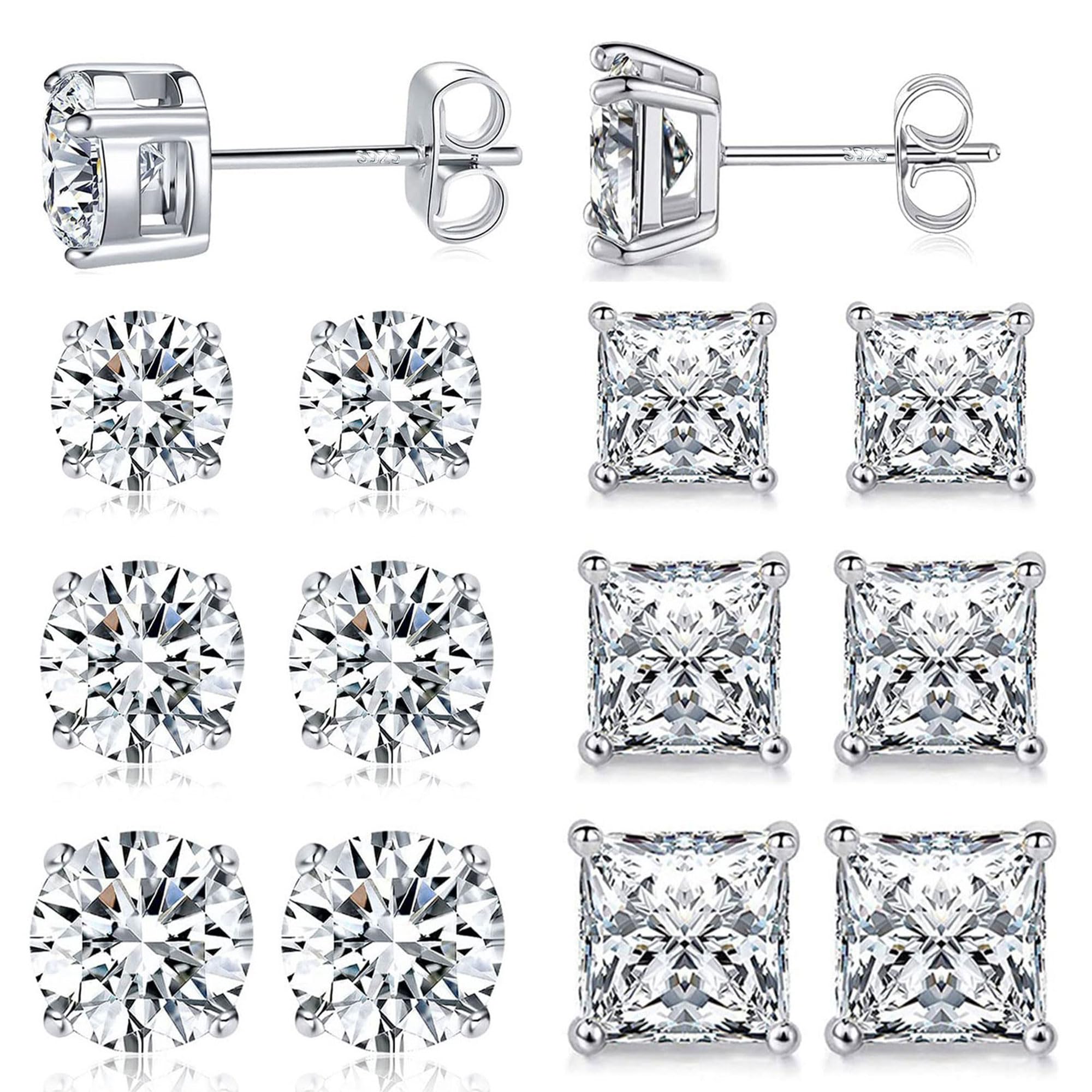 6 Pairs Stud Earrings for Men Women 316L Stainless Steel Earring | Hypoallergenic 3mm/5mm/7mm Princess & Round Cubic Zirconia Earring Set Surgical Steel CZ Ear Jewelry for Sensitive ears