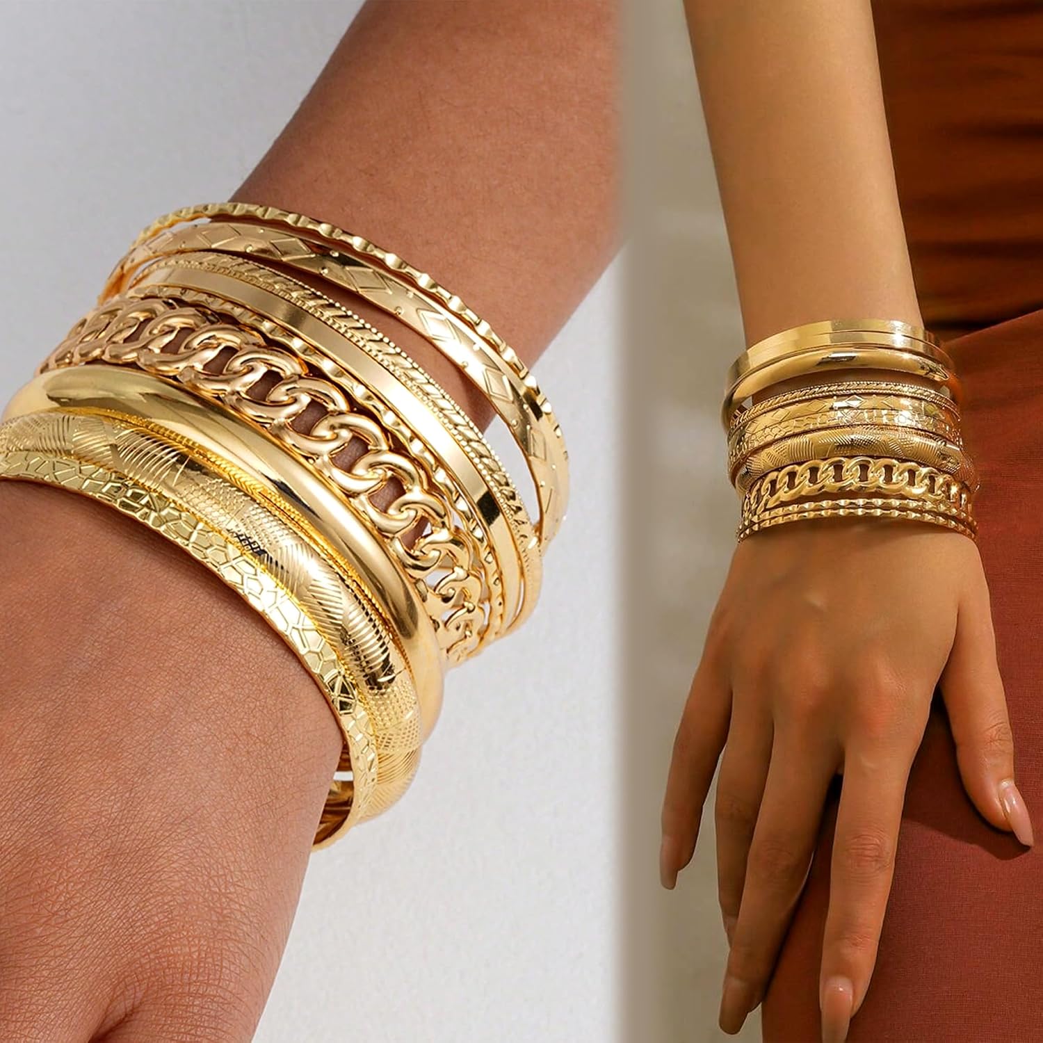 ÌF ME Gold Bangle Bracelets for Women, Indian Bangles Stackable Set, Multi Layer Textured 18K Gold Plated Chunky Bracelets Boho Jewelrys Set