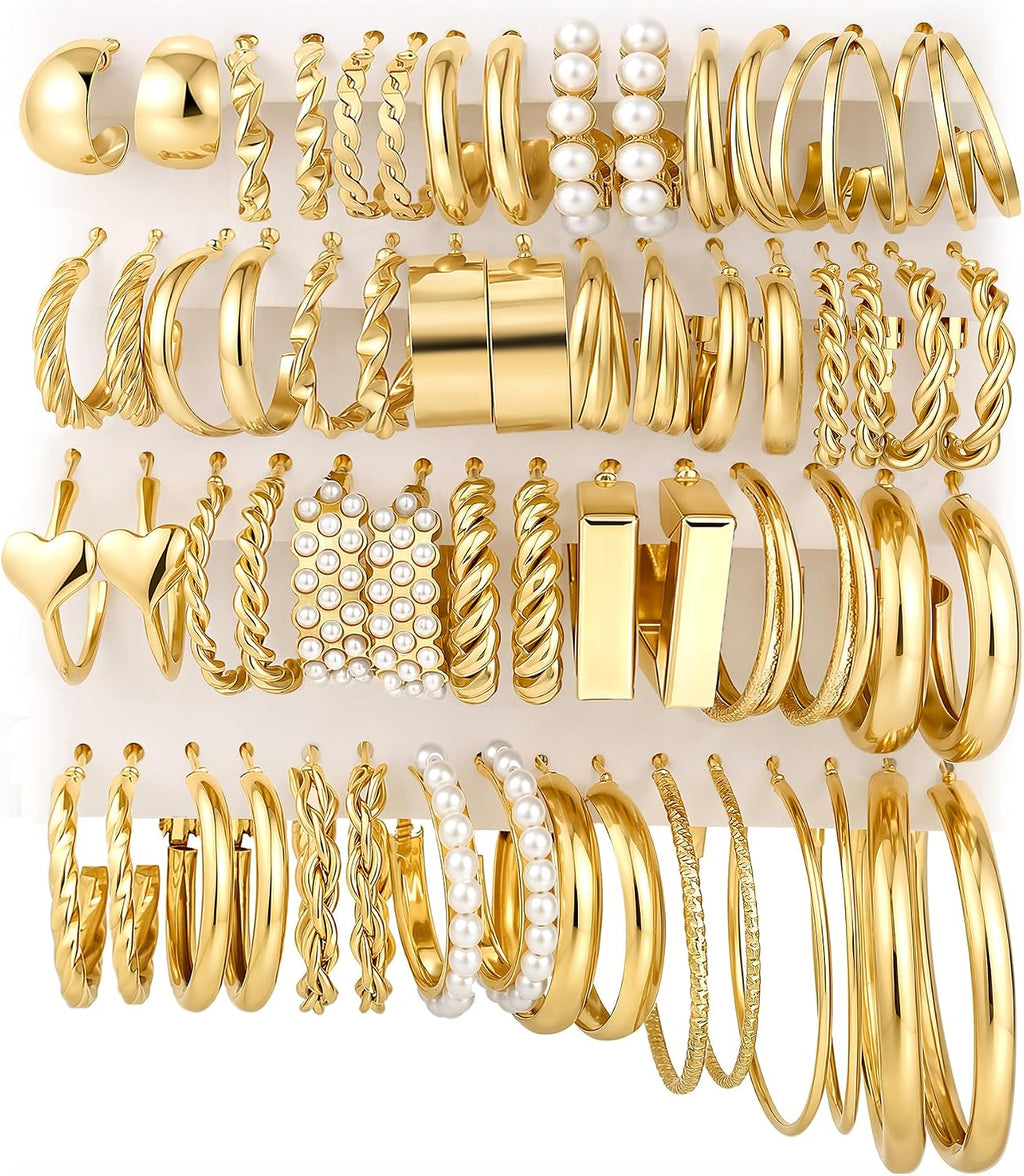 30 Pairs Gold Hoop Earrings Set for Women, Hypoallergenic Pearl Twisted Statement Hoops Multipack, Small to Chunky Hoop Earrings for Women Trendy Jewelry Gifts