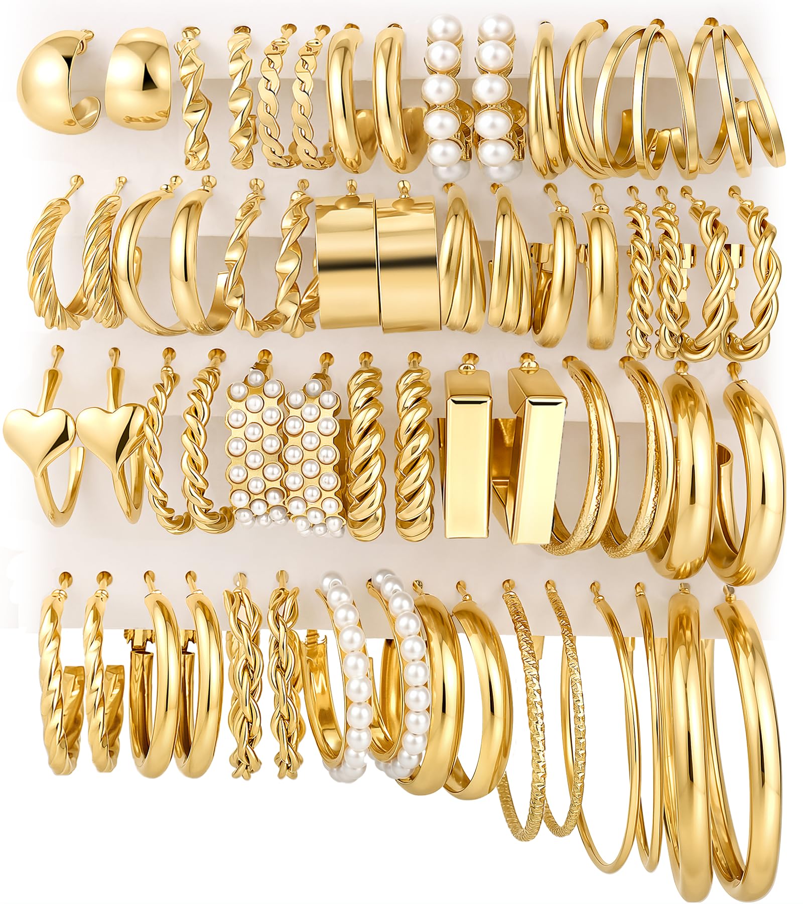 30 Pairs Gold Hoop Earrings Set for Women, Hypoallergenic Pearl Twisted Statement Hoops Multipack, Small to Chunky Hoop Earrings for Women Trendy Jewelry Gifts