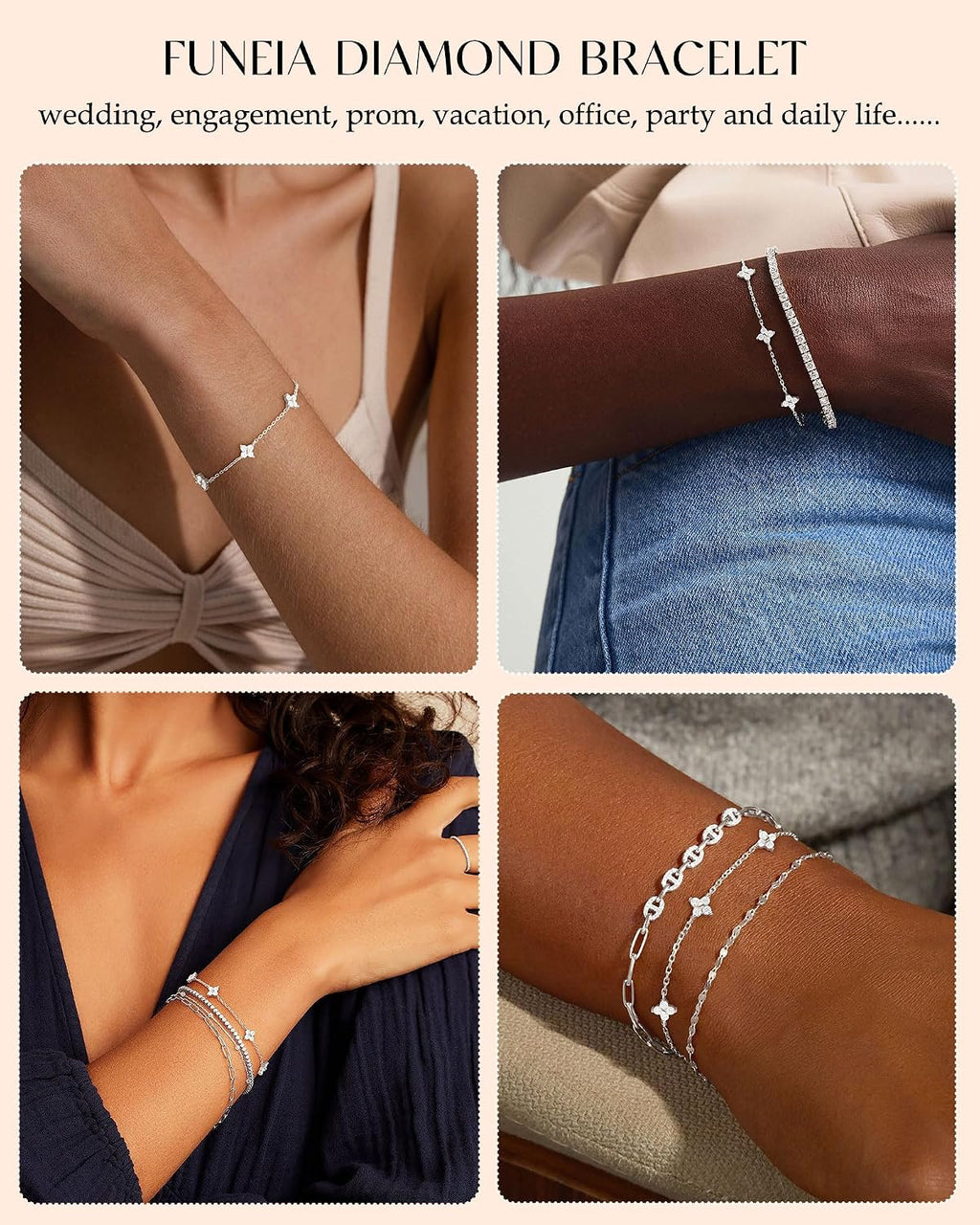 Dainty Silver Gold Bracelets for Women Trendy Non Tarnish Jewelry | 14K Gold Plated Clover Bracelet Stack, Waterproof Diamond Bracelets for Women, Stackable Heart Cross Evil Eye Charm Bracelets