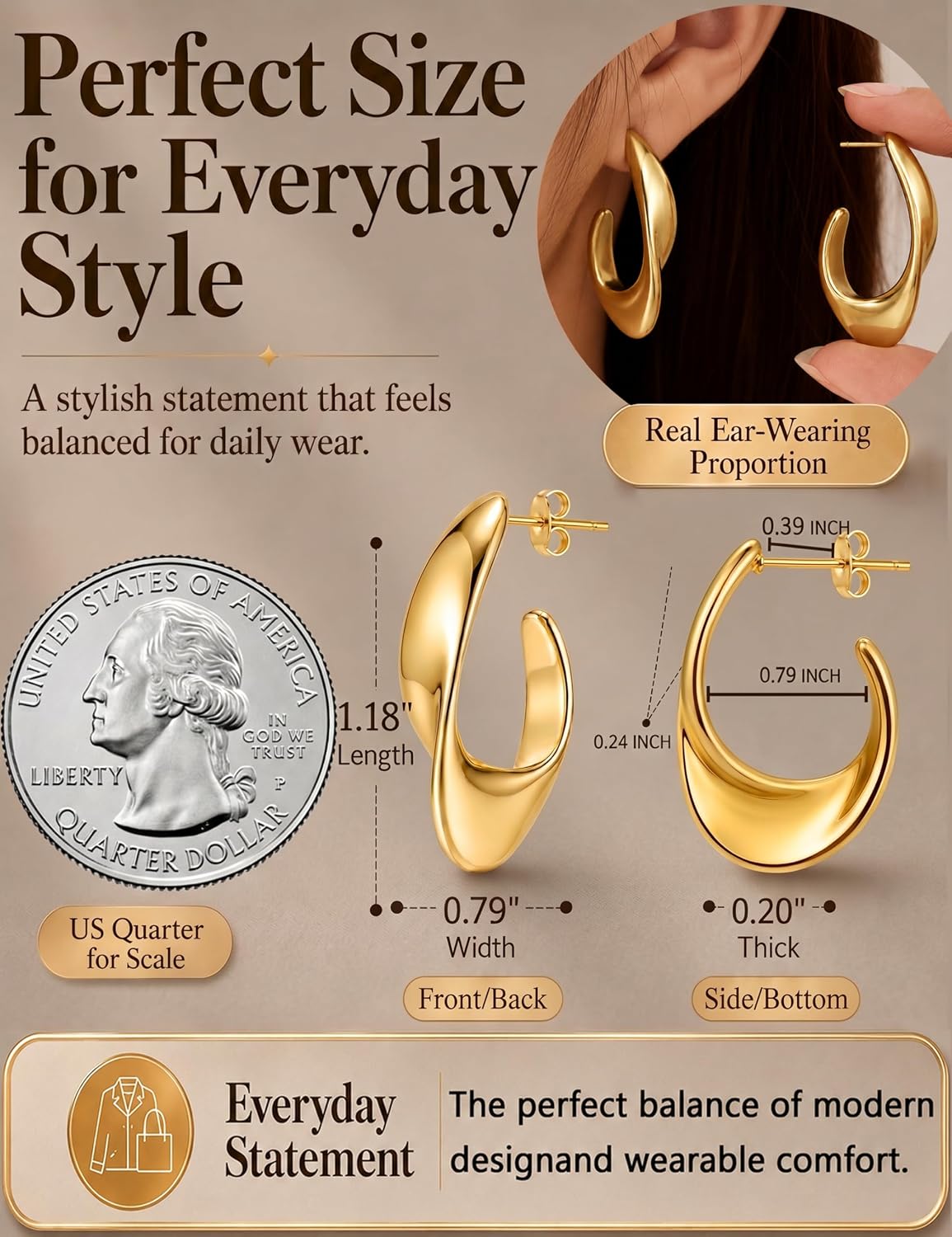 Musment® Gold Earrings for Women,14K Gold Plated Chunky Teardrop Hoop Stud Earrings for Sensitive Ears, Hypoallergenic Trendy Statement Jewelry Gift with Box for Daily Wear
