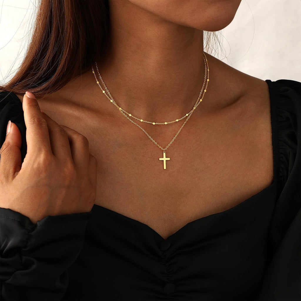 Cross Necklace for Women Dainty 14K Gold/Silver Plated Sideways Cross Necklace Non Tarnish Trendy Gold/Silver Small Cute Simple CZ Jewelry Baptism Religious Faith Jewelry Gifts