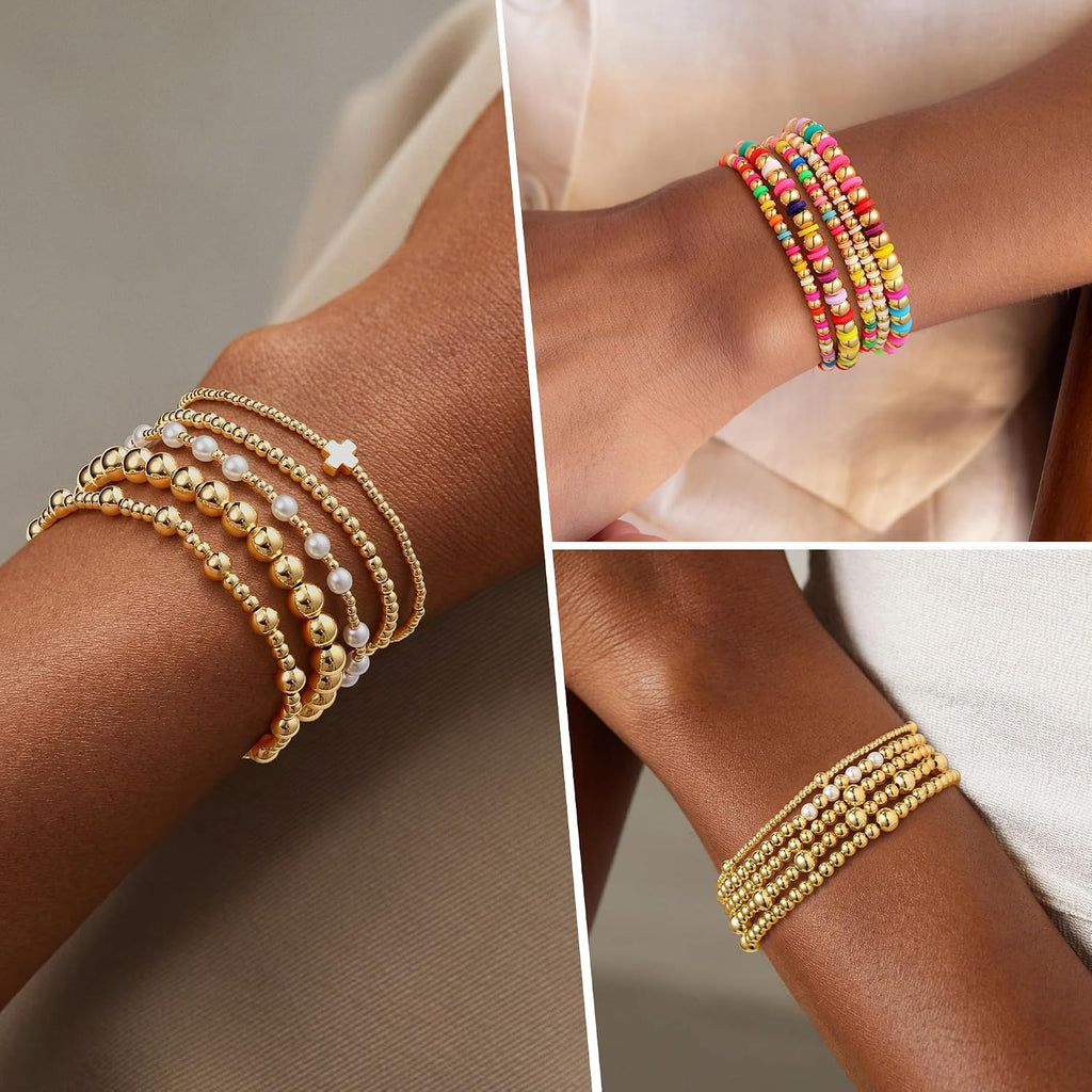 M MOOHAM Gold Beaded Bracelet Set for Women, Pearl Cross Stackable Jewelry | 14K Gold Plated Beaded Bracelets Set, Adjustable Stretch, Non Tarnish bracelet, Trendy Stackable Jewelry Gifts