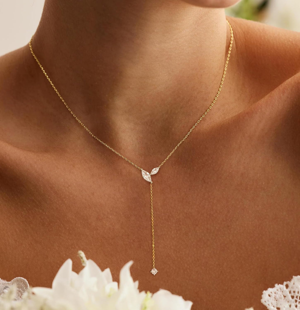 Long Necklaces for Women Trendy, 14K Gold Plated CZ Drop Necklace | Dainty Gold Necklace, Simple CZ Y Shaped Lariat Necklace, Statement Western Necklace, Non Tarnish Gold Jewelry Gifts