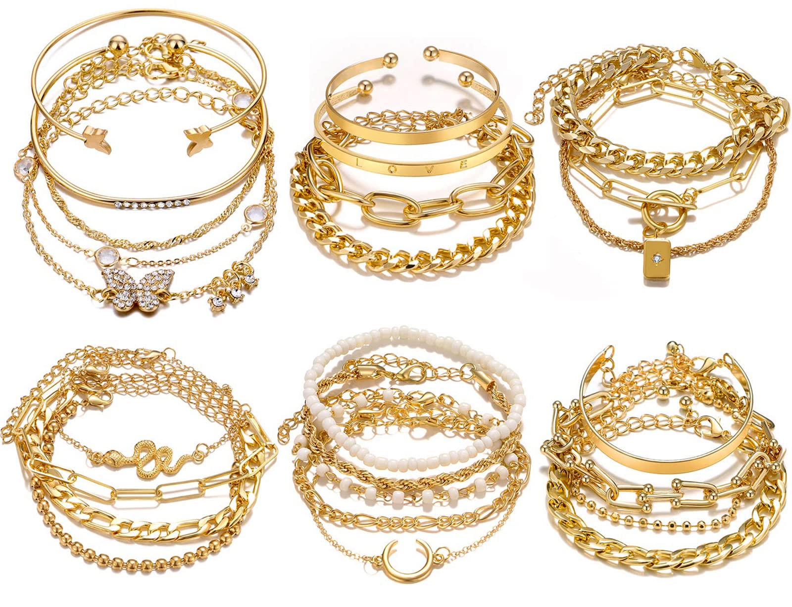 17IF 18-25 PCS(6 Pack) Boho Gold Silver Stackable Bracelets Set for Women | Chunky Dainty Bangles Adjustable Chain Flat Cuff Cuban Punk Charm Bundle Jewelry