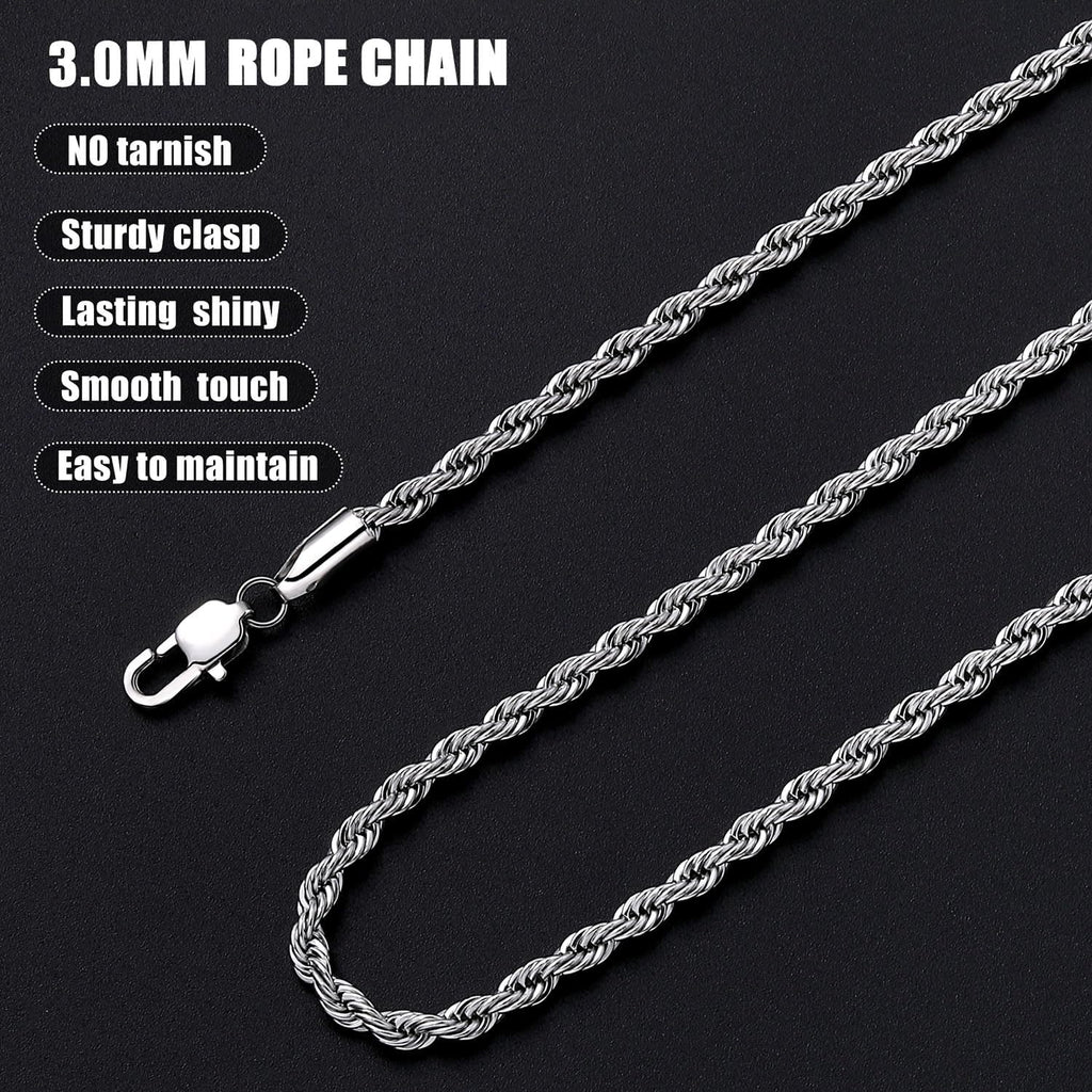 Fiusem 3mm Rope Chain Necklace for Men, Silver Tone Mens Chain Necklace, Stainless Steel Necklace Chain for Men Women, Jewelry Gift