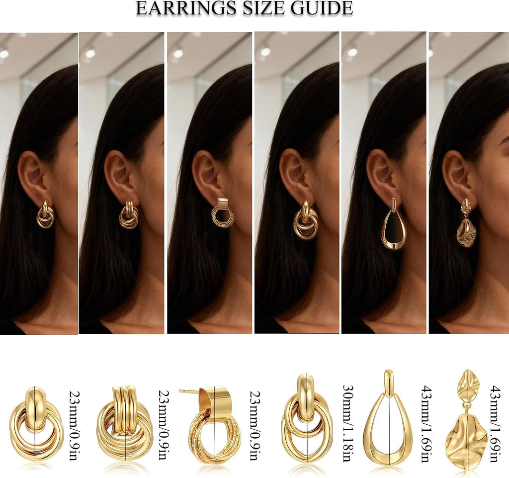 6 Pairs Chunky Gold Earrings for Women Gold Plated Knot Earrings Trendy Statement Drop Dangle Teardrop Lightweight Hypoallergenic Fashion Accessories Jewelry Set Gifts for Women