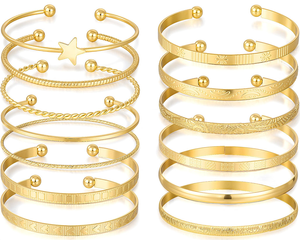 FAXHION Gold Bangle Bracelets for Women, 14 Pcs Multi Layer Stackable Bangle Set, 14K Gold Plated Textured Chunky Bracelets Boho Jewelrys Set
