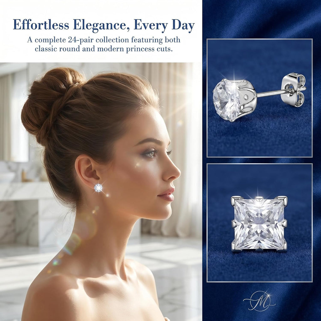 24 Pairs Cubic Zirconia Silver Stud Earrings Set for Women Men | Hypoallergenic, Flat Back Surgical Stainless Steel, Round & Square CZ Studs, Cartilage Earrings for Piercing Sensitive Ears