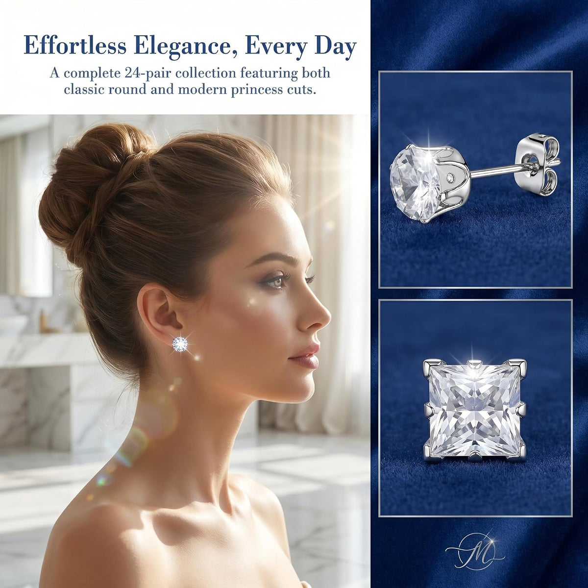 24 Pairs Cubic Zirconia Silver Stud Earrings Set for Women Men | Hypoallergenic, Flat Back Surgical Stainless Steel, Round & Square CZ Studs, Cartilage Earrings for Piercing Sensitive Ears