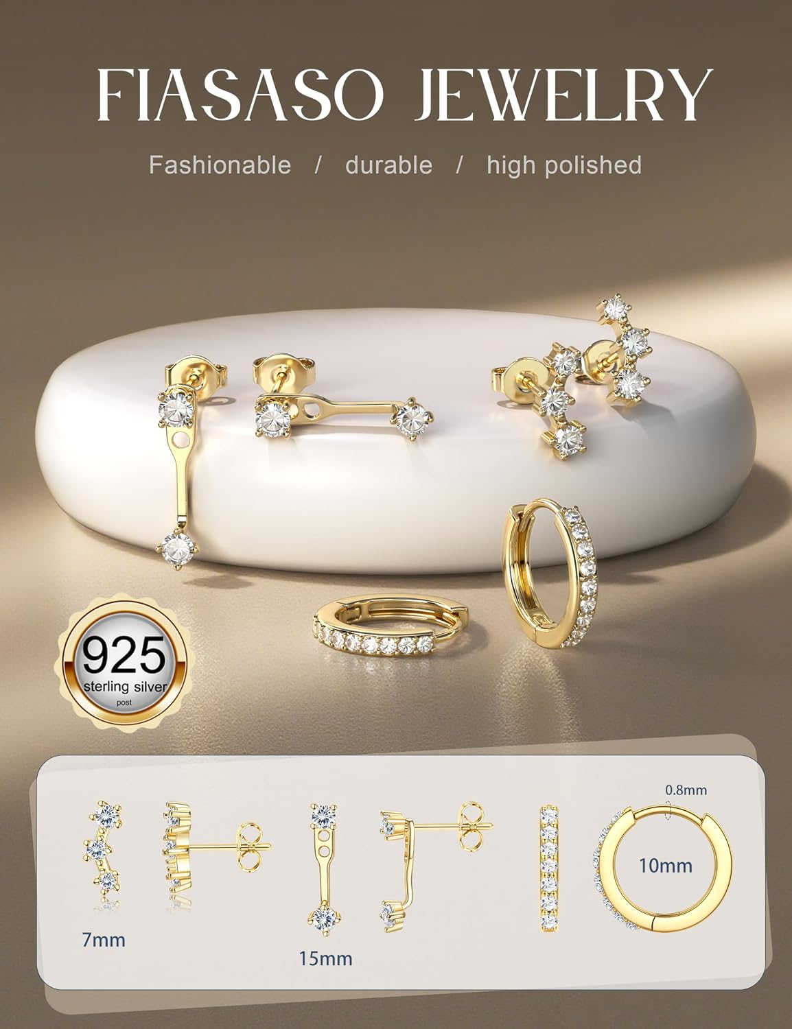 3 Pairs 925 Sterling Silver Hypoallergenic Earrings for Women Trendy - 14K Gold Plated Stud Hoop Cartilage Earrings Set Small Earring Stacks for Sensitive Ears Non Tarnish Dainty Silver Earring