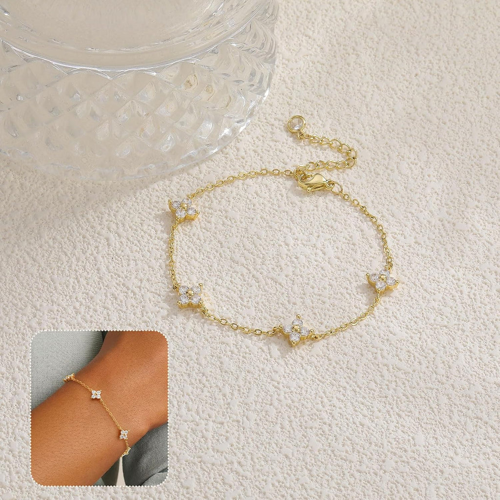 Dainty Silver Gold Bracelets for Women Trendy Non Tarnish 14K Gold Plated Cute Clover Bracelet Stackable Daisy Cubic Zirconia Diamond Charm Bracelet Stack Waterproof Jewelry Gifts