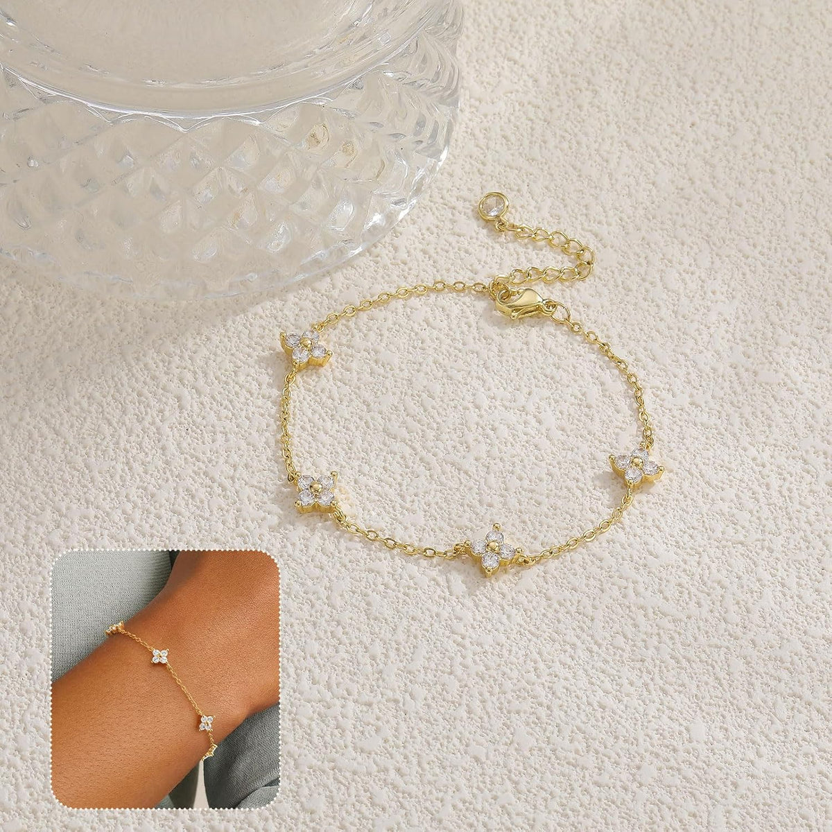 Dainty Silver Gold Bracelets for Women Trendy Non Tarnish 14K Gold Plated Cute Clover Bracelet Stackable Daisy Cubic Zirconia Diamond Charm Bracelet Stack Waterproof Jewelry Gifts
