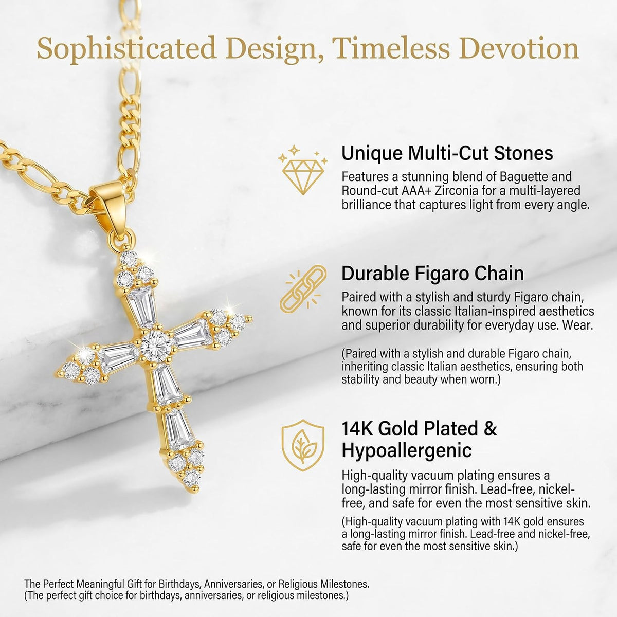 14K Gold Plated Cross Necklace for Women, Christian Jewelry | Hypoallergenic & Non-Tarnish Waterproof, Dainty Minimalist Everyday Wear, Baptism Confirmation Communion Faith Gift for Her