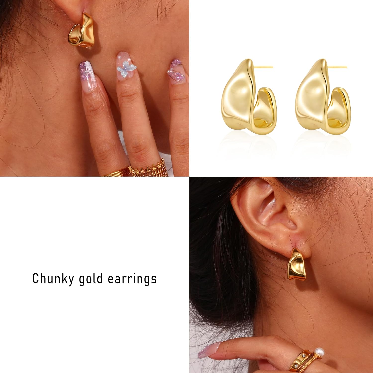 Amicon Chunky Gold Stud Earrings for Women 14k Gold Plated Hypoallergenic Earrings Statement Trendy Fashion Gold Jewelry Gifts