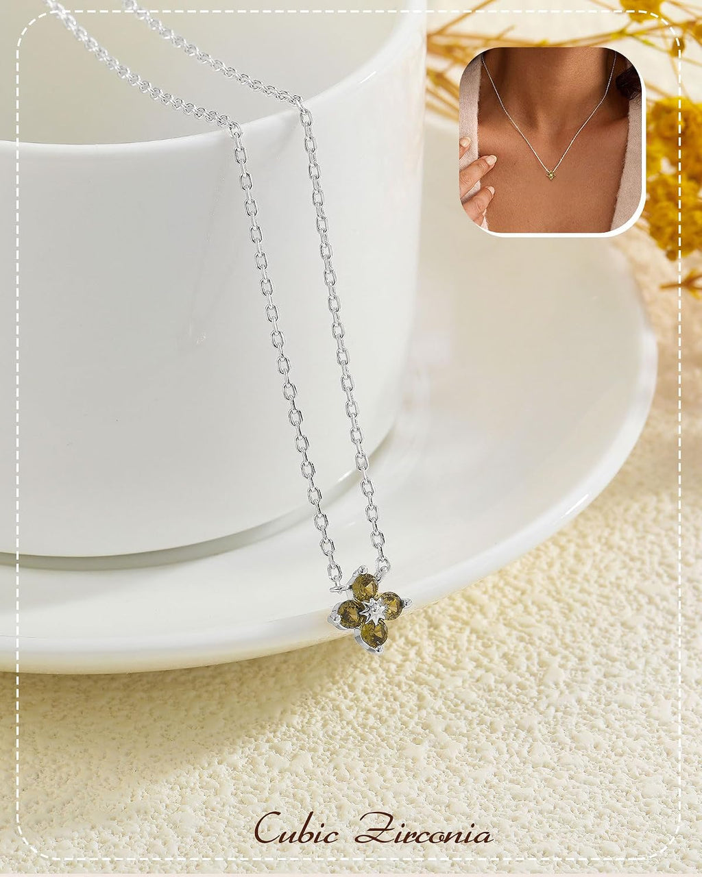 ZHESHY Birthstone Silver Necklaces for Women Dainty Diamond Clover Necklace | Simple Non Tarnish Cubic Zirconia Pendant Necklaces Women Silver Trendy Jewelry Bridesmaid Birthday Gifts