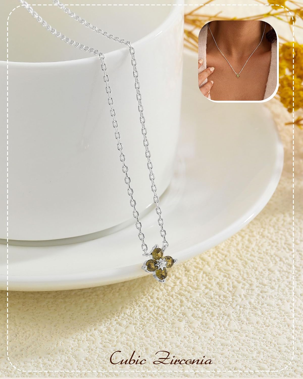 ZHESHY Birthstone Silver Necklaces for Women Dainty Diamond Clover Necklace | Simple Non Tarnish Cubic Zirconia Pendant Necklaces Women Silver Trendy Jewelry Bridesmaid Birthday Gifts