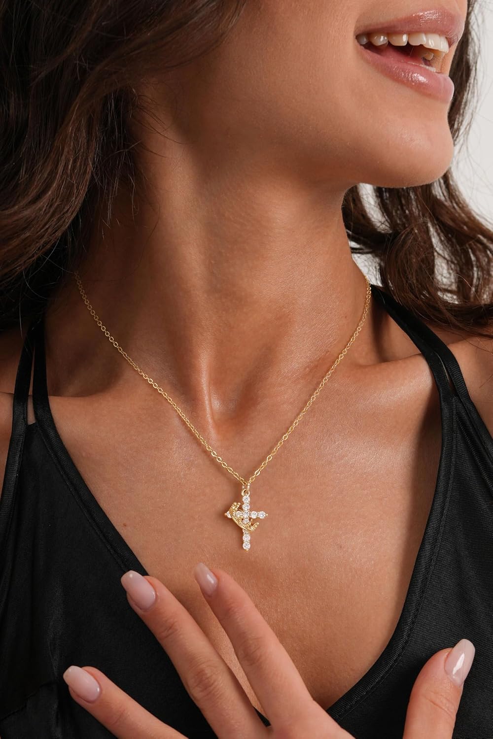 Robaice Upgraded Crown Cross Necklace for Women, 14K Gold Plated | Non-Tarnish Dainty Christian faith pendant for Gifting, first communion, baptism, birthdays and everyday wear