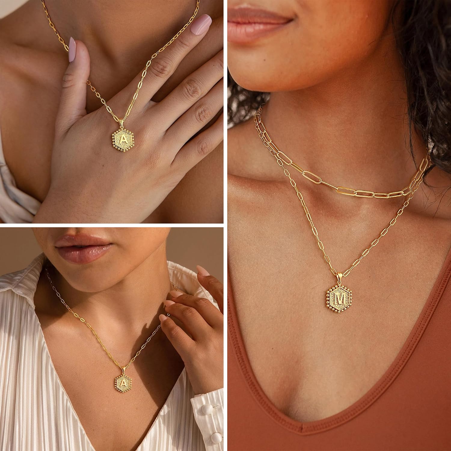 M MOOHAM Dainty Initial Necklaces for Women, 14K-Gold-Plated Layering Necklace for Women Cute Hexagon Letter Initial Necklace Layered Necklaces for Womens Teen Girl Gifts