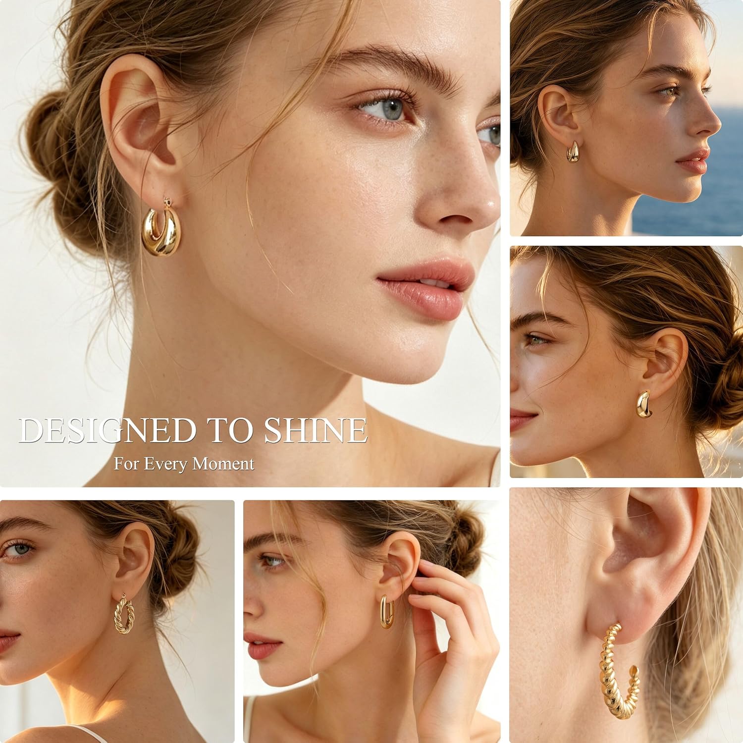 6 Pairs 14K Gold Plated Hoop Earrings for Women Lightweight Chunky Hoop Earrings Multipack Hypoallergenic, Thick Open Twisted Huggie Hoops Earring Set Jewelry for Gifts.