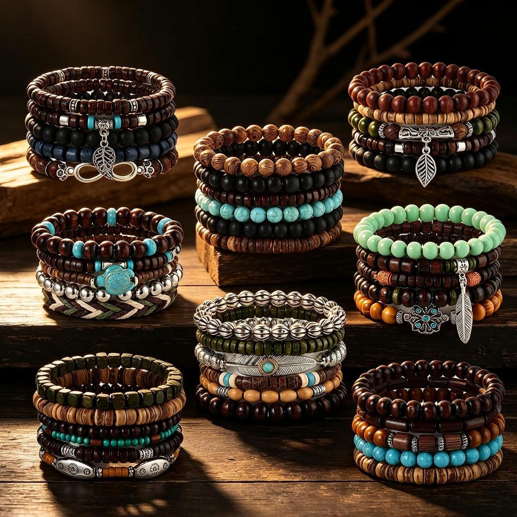 SONNYX 43Pcs Punk Wooden Beads Bracelets Gothic Bracelet for Men Adjustable Vintage Beaded Bracelet Metal Set Wood Bangles Wristbands Commemorative Gift