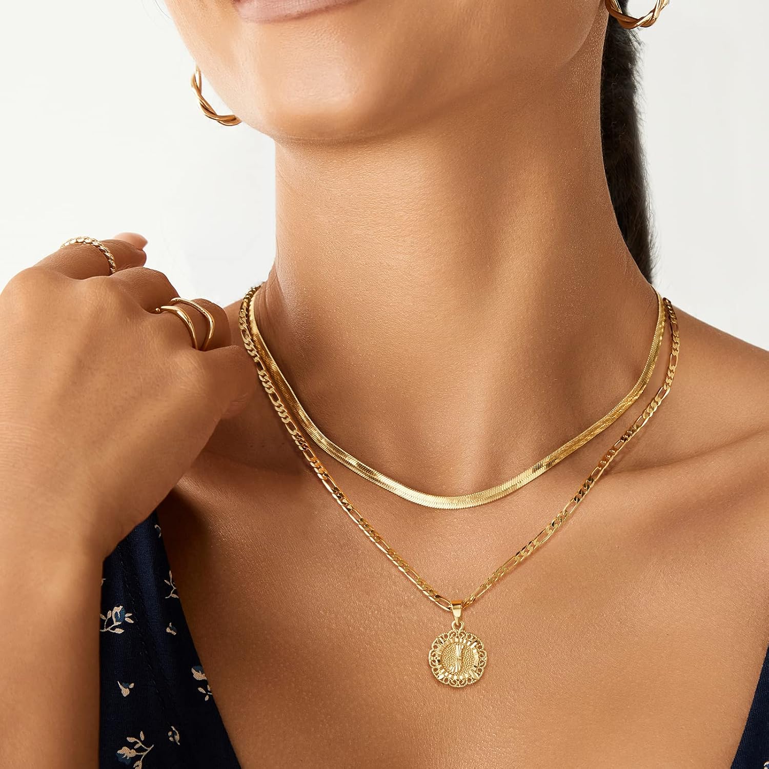 KissYan Initial Necklaces for Women | 14K Gold/White Gold/Rose Gold Plated, Round Letter Pendant with 20''+2'' Figaro Chain, Alphabets A-Z, Dainty Jewelry Gifts