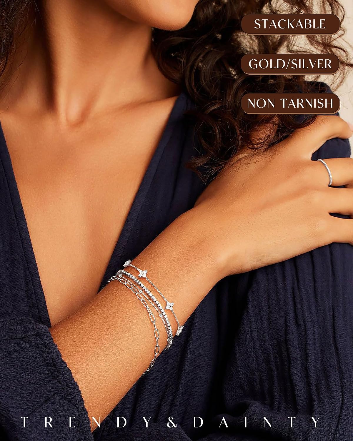 Dainty Silver Gold Bracelets for Women Trendy Non Tarnish Jewelry | 14K Gold Plated Clover Bracelet Stack, Waterproof Diamond Bracelets for Women, Stackable Heart Cross Evil Eye Charm Bracelets