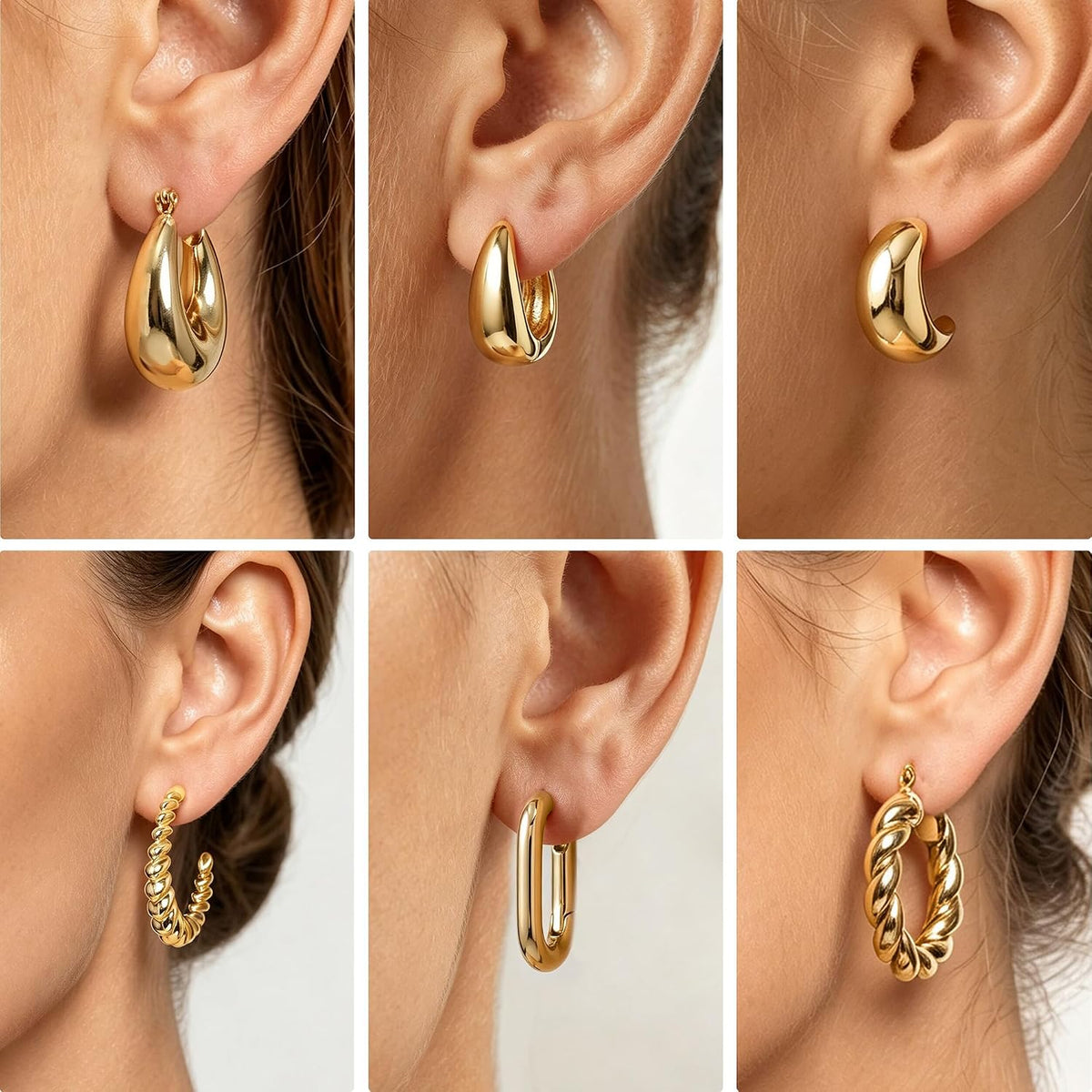 6 Pairs 14K Gold Plated Hoop Earrings for Women Lightweight Chunky Hoop Earrings Multipack Hypoallergenic, Thick Open Twisted Huggie Hoops Earring Set Jewelry for Gifts.