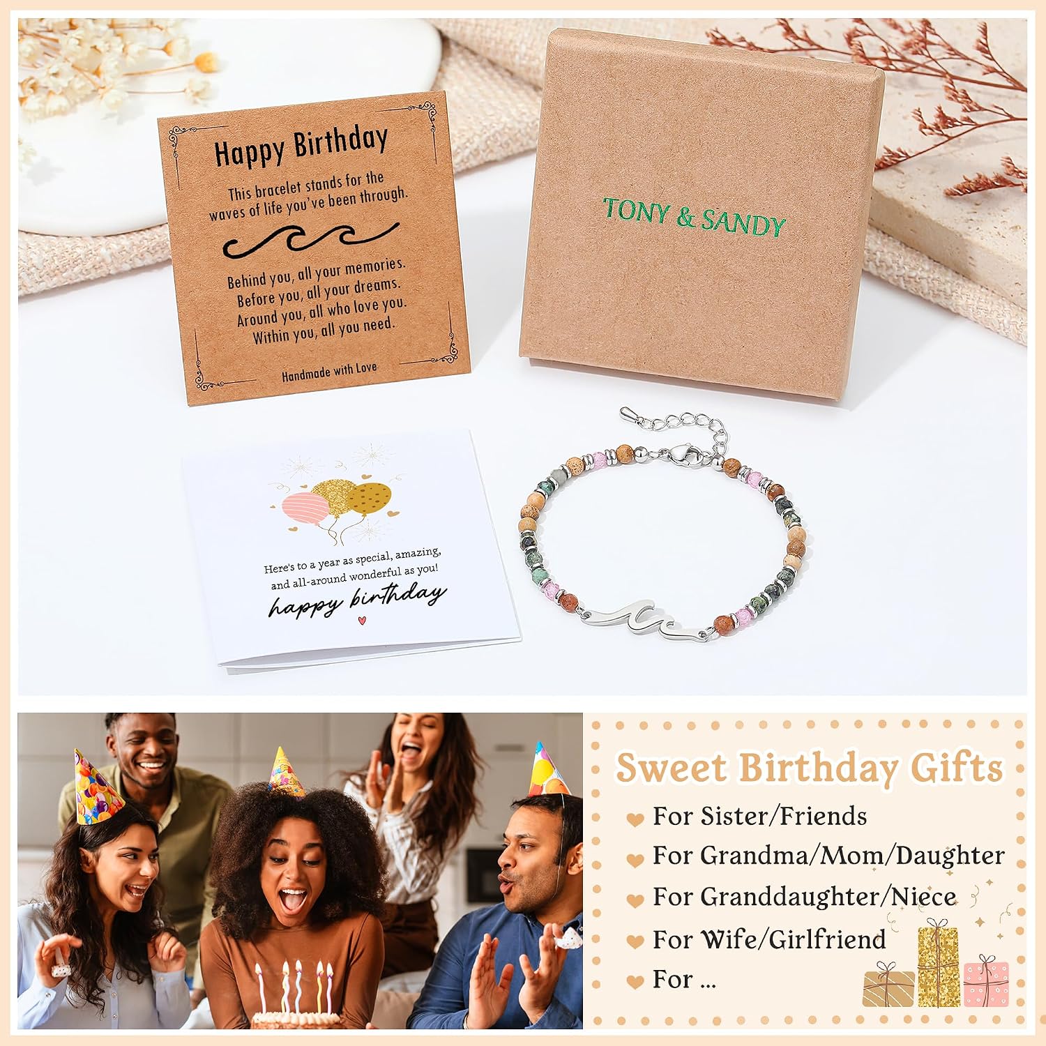 TONY & SANDY Friend Gifts for Women, Unique Birthday Gifts for Women, Sister Gift from Sister, Wave Bracelet, Christmas Stocking Stuffers for Woman Female, Bestie Friendship Bracelets