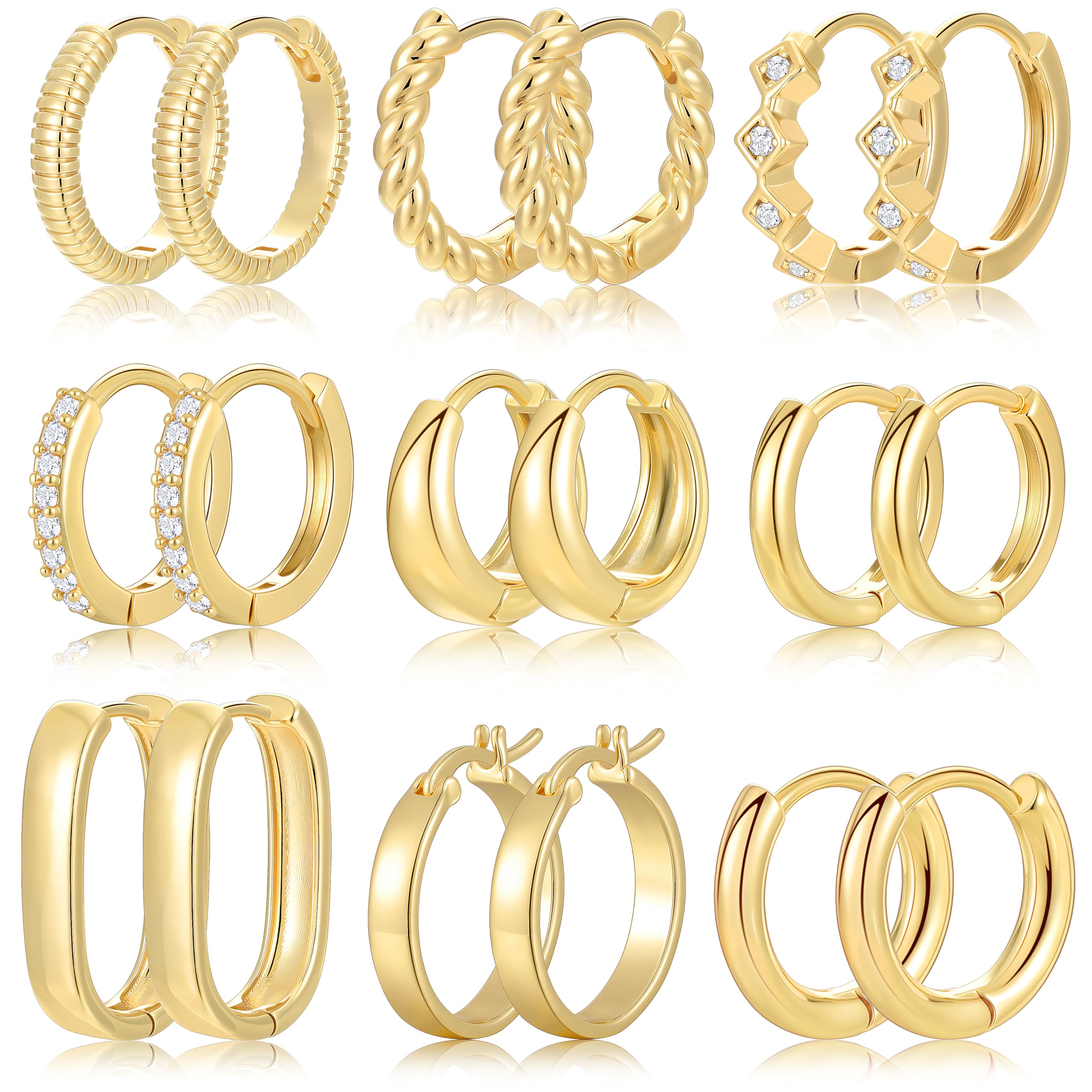 9 Pairs Small Gold/Silver Hoop Earrings Set for Women | 14K Gold Plated Chunky Hoop Small Earring Hypoallergenic Thick Open Lightweight Chunky Hoop Earrings Jewelry for Gifts