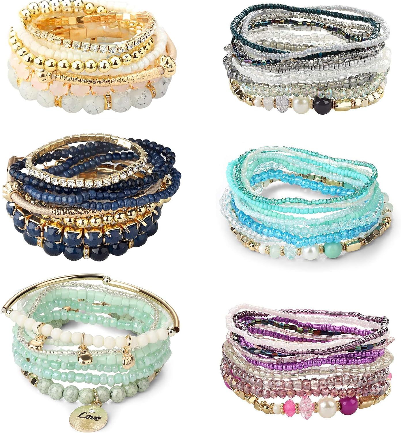 6 Sets Bohemian Stackable Bead Bracelets for Women Stretch Bohemian Style Stretch Multilayered Boho Bracelet Set
