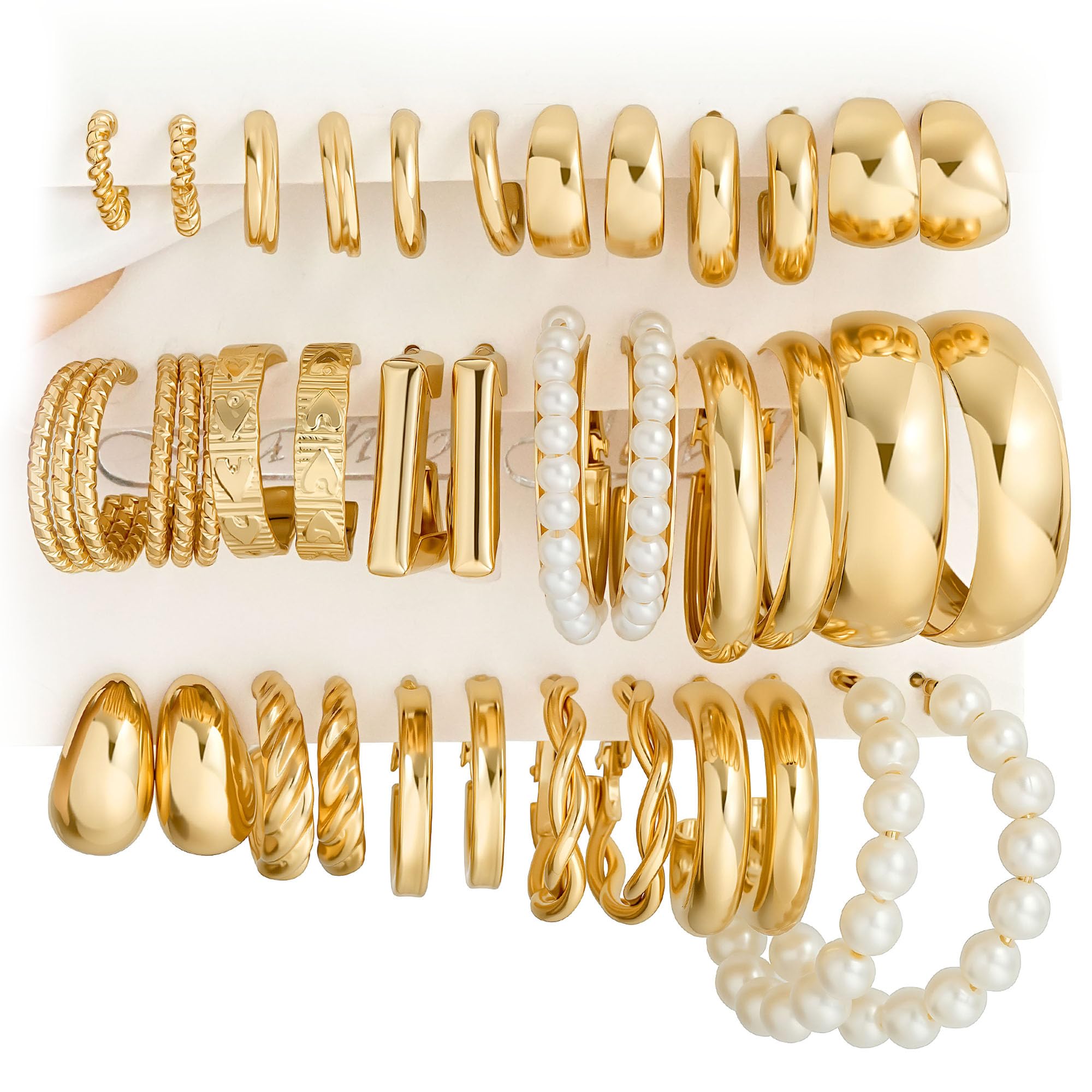 18 Pairs Gold Hoop Earrings for Women, Chunky Statement Hoops Set | Hypoallergenic, Earrings Pack, Open Hoops, Pearl, Twisted, Multiple Sizes, Lightweight for Daily Wear, Ideal Gift