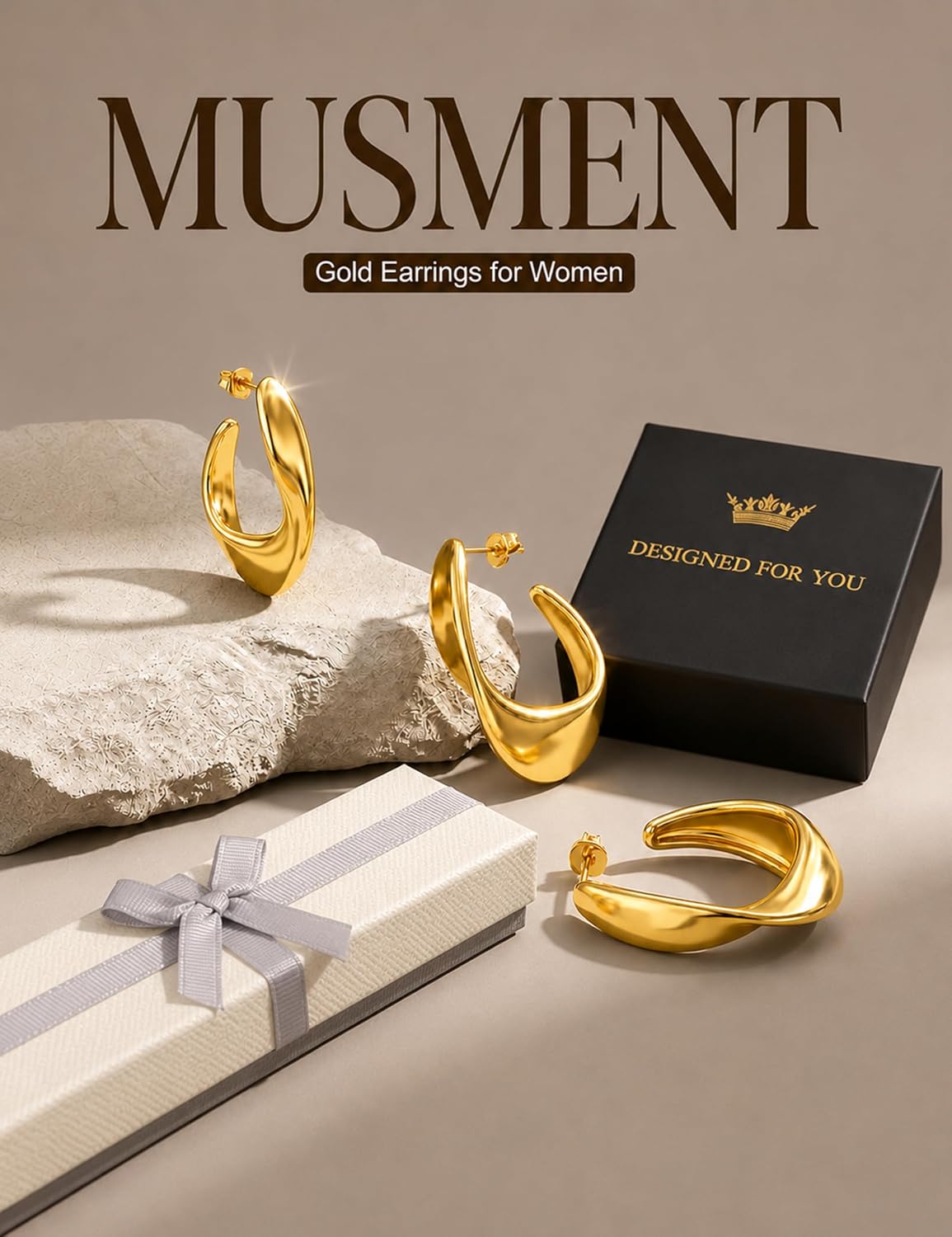 Musment® Gold Earrings for Women,14K Gold Plated Chunky Teardrop Hoop Stud Earrings for Sensitive Ears, Hypoallergenic Trendy Statement Jewelry Gift with Box for Daily Wear