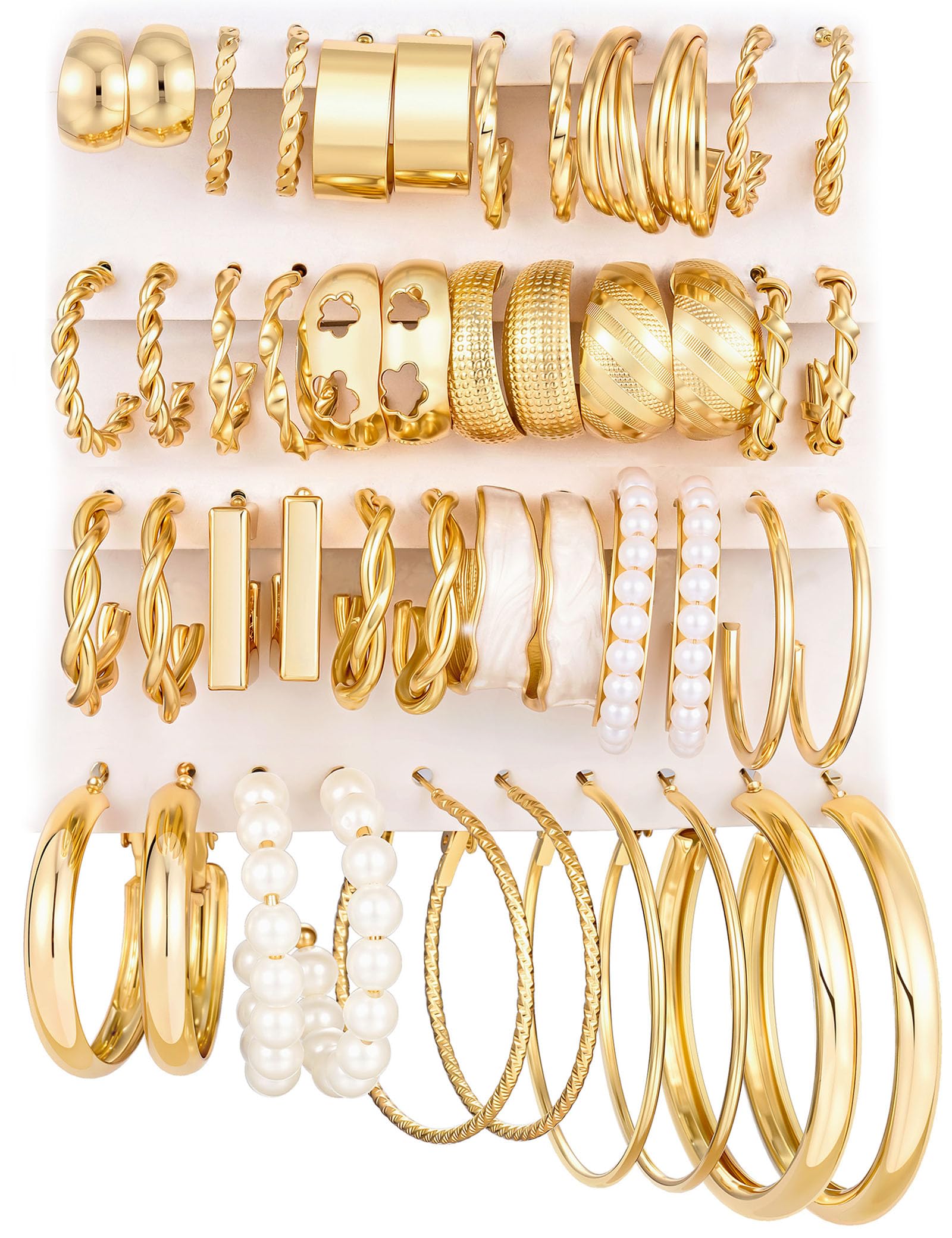 18 Pairs Gold Hoop Earrings for Women, Chunky Statement Hoops Set | Hypoallergenic, Earrings Pack, Open Hoops, Pearl, Twisted, Multiple Sizes, Lightweight for Daily Wear, Ideal Gift
