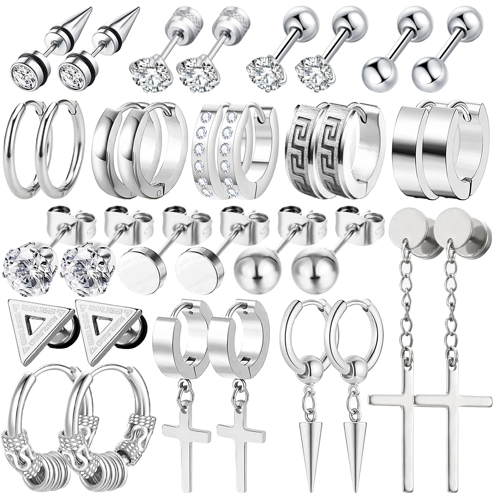 17 Pairs Earrings for Men, Stainless Steel Earrings For Men Sensitive Skin, Fashion Earring Piercing Jewelry Cross Dangle Hoop Earrings Kit Studs Long-lasting Shine