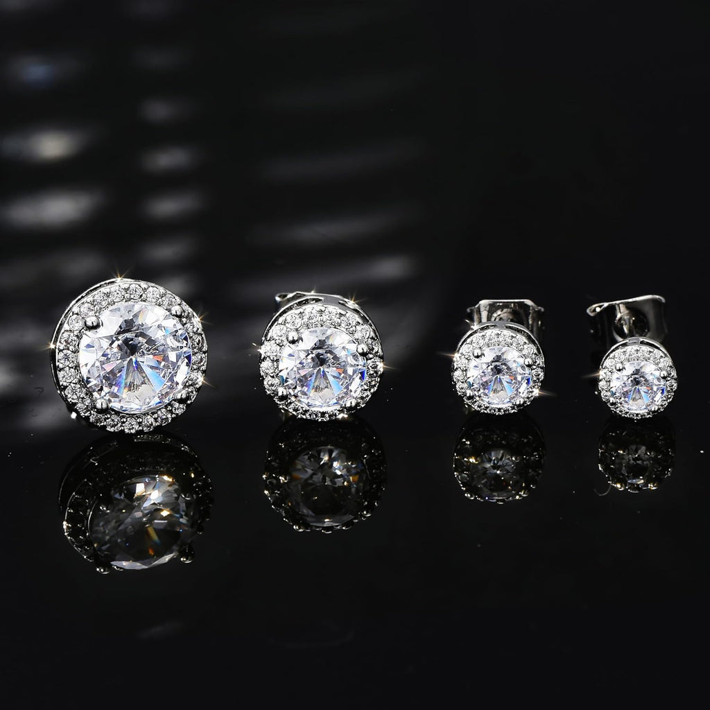 4 Pairs Silver Stud Earrings for Women, 18K Silver Plated Hypoallergenic Premium Cubic Zirconia Earrings, Halo Round Square Stud Earrings Set for Women Men