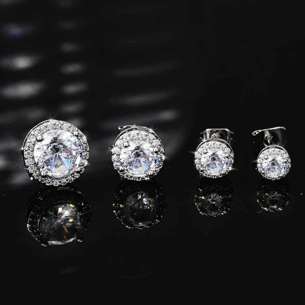 4 Pairs Silver Stud Earrings for Women, 18K Silver Plated Hypoallergenic Premium Cubic Zirconia Earrings, Halo Round Square Stud Earrings Set for Women Men