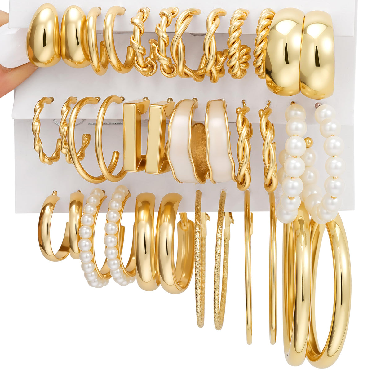 12 Pairs Gold Hoop Earrings Set for Women，Fashion Jewelry Gifts 40mm/50mm | Large/Big, Trendy, Pearl, Multiple Styles, lightweight, 14K Gold-plated, Hypoallergenic, Great for Party/Gathering/Work/Daily