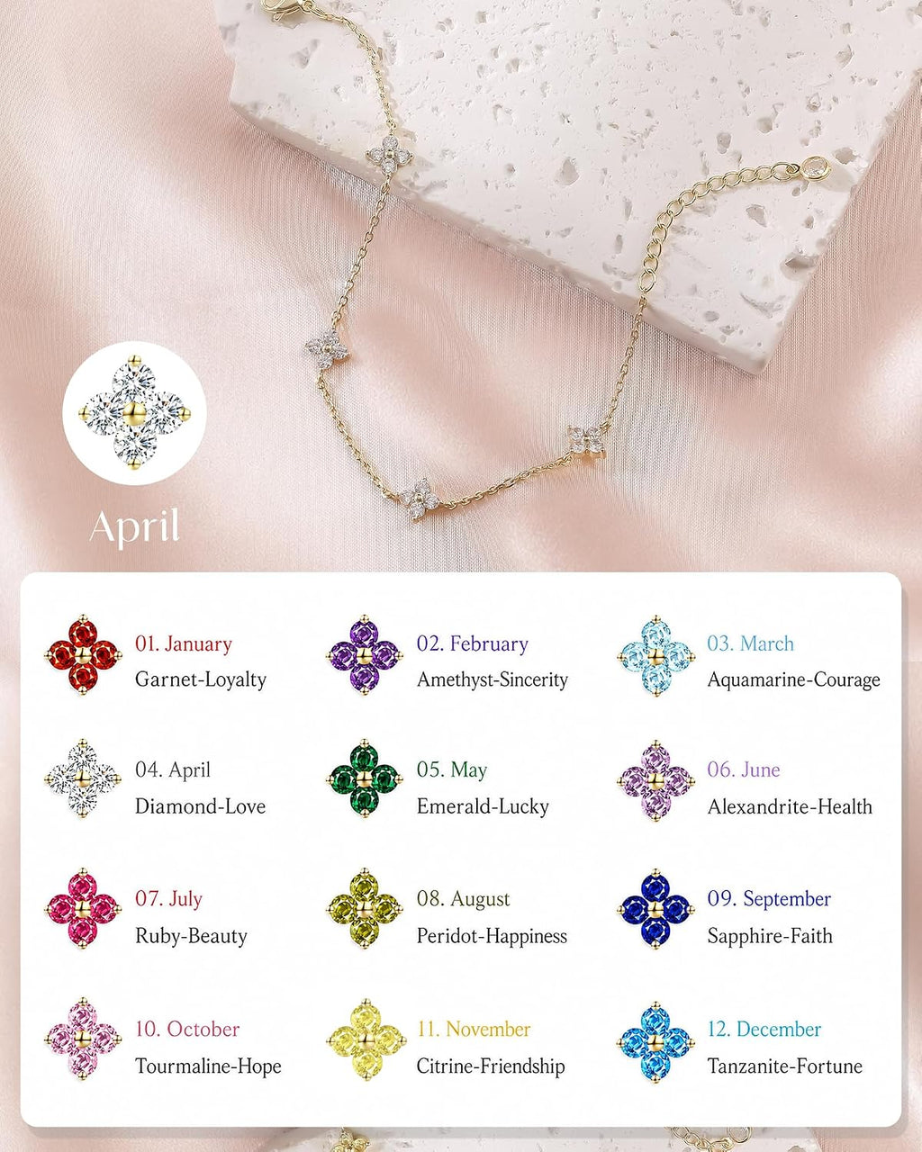 Clover Birthstone Gold Bracelets for Women Trendy Non Tarnish Gifts | Dainty Gold Bracelet Stack, 14K Gold Plated, Cute Stackable Charm Bracelet, Friendship Wedding Gold Jewelry, Birthday Gifts