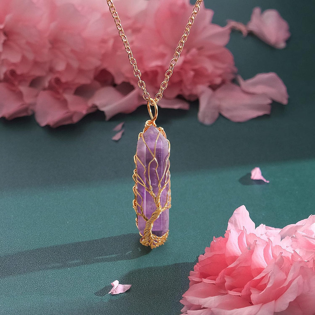 VIBILIA Healing Crystal Tree of Life Necklace Gemstone Jewelry | Wire Wrapped Natural Stone Point Pendant Necklace Hexagonal Reiki Spiritual Quartz Jewelry for Women Men
